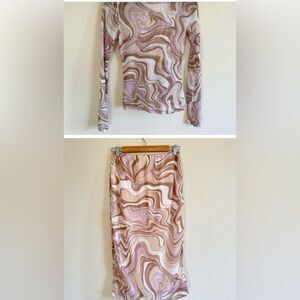 AFRM pink Mesh Matching set marble swirl skirt long sleeve top S